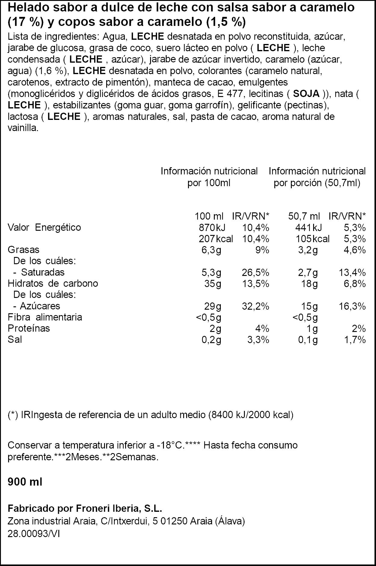 Helado tarrina dulce de leche Ifa eliges 900ml