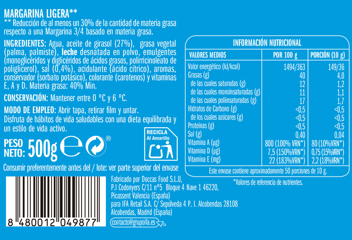 Margarina Ligera Barqueta 500g