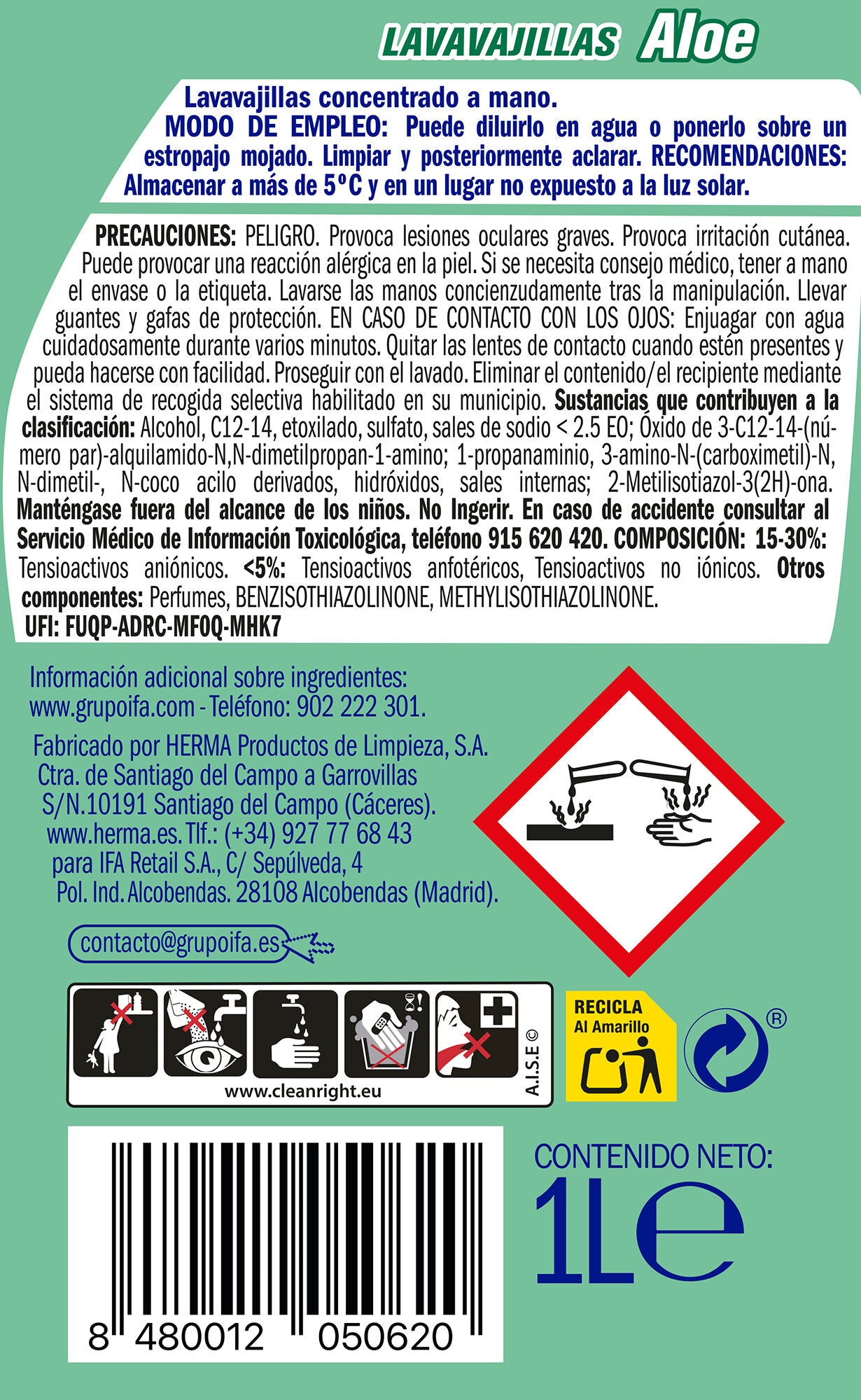 Lavavajilla concentrado aloe vera Ifa sabe 1l