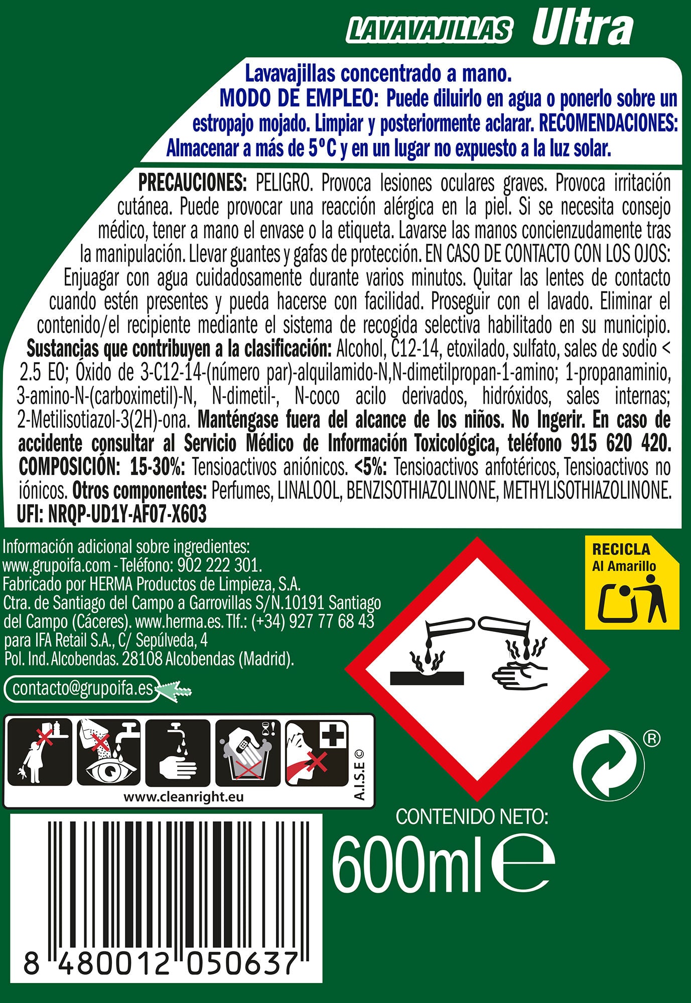 Lavavajillas concentrado verde Ifa sabe 600ml