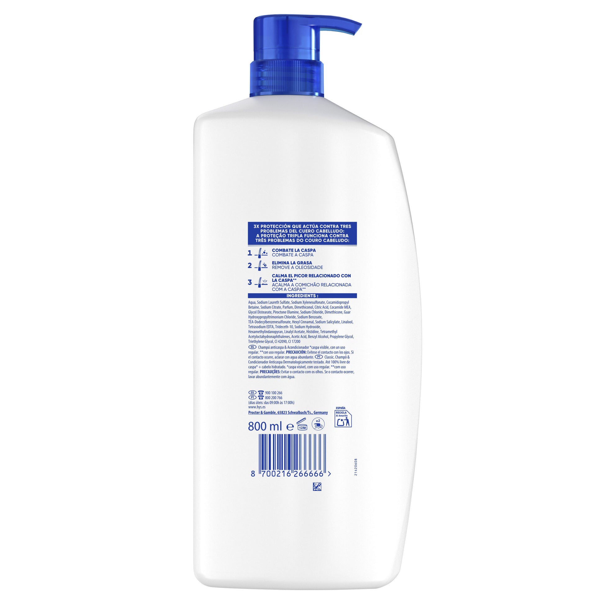 Champú anticaspa clasico 2 en 1 H&S 800ml
