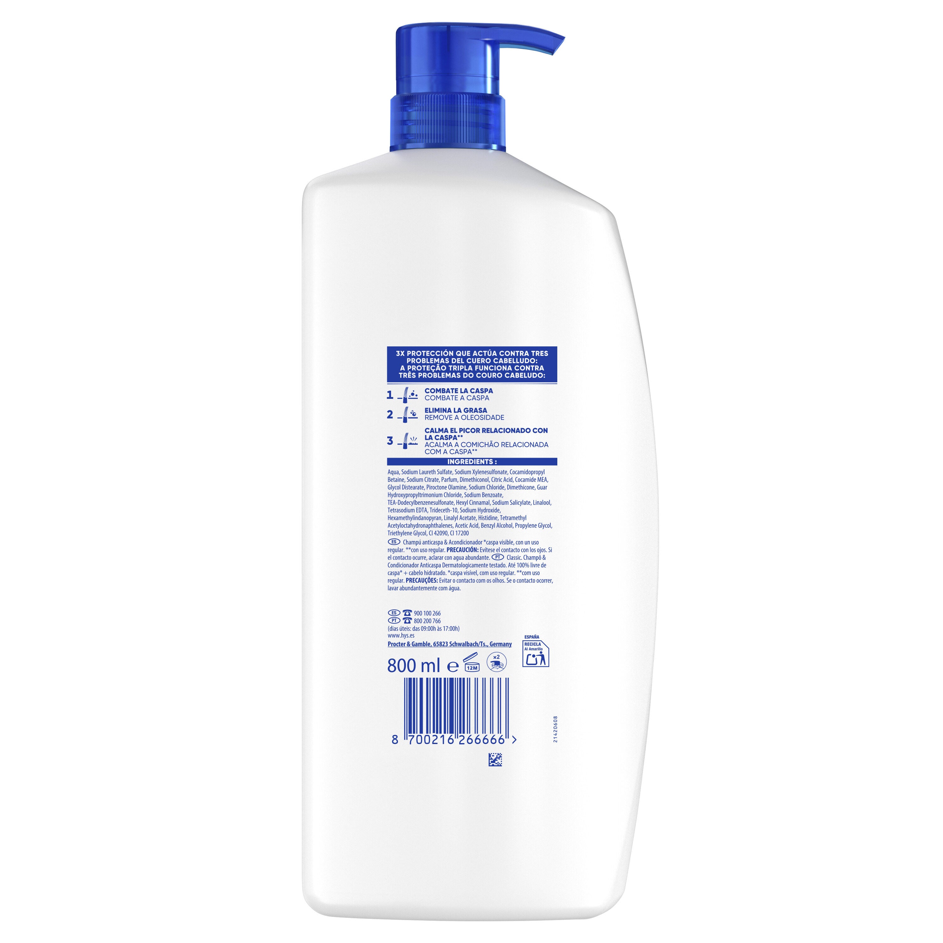 Champú anticaspa clasico 2 en 1 H&S 800ml