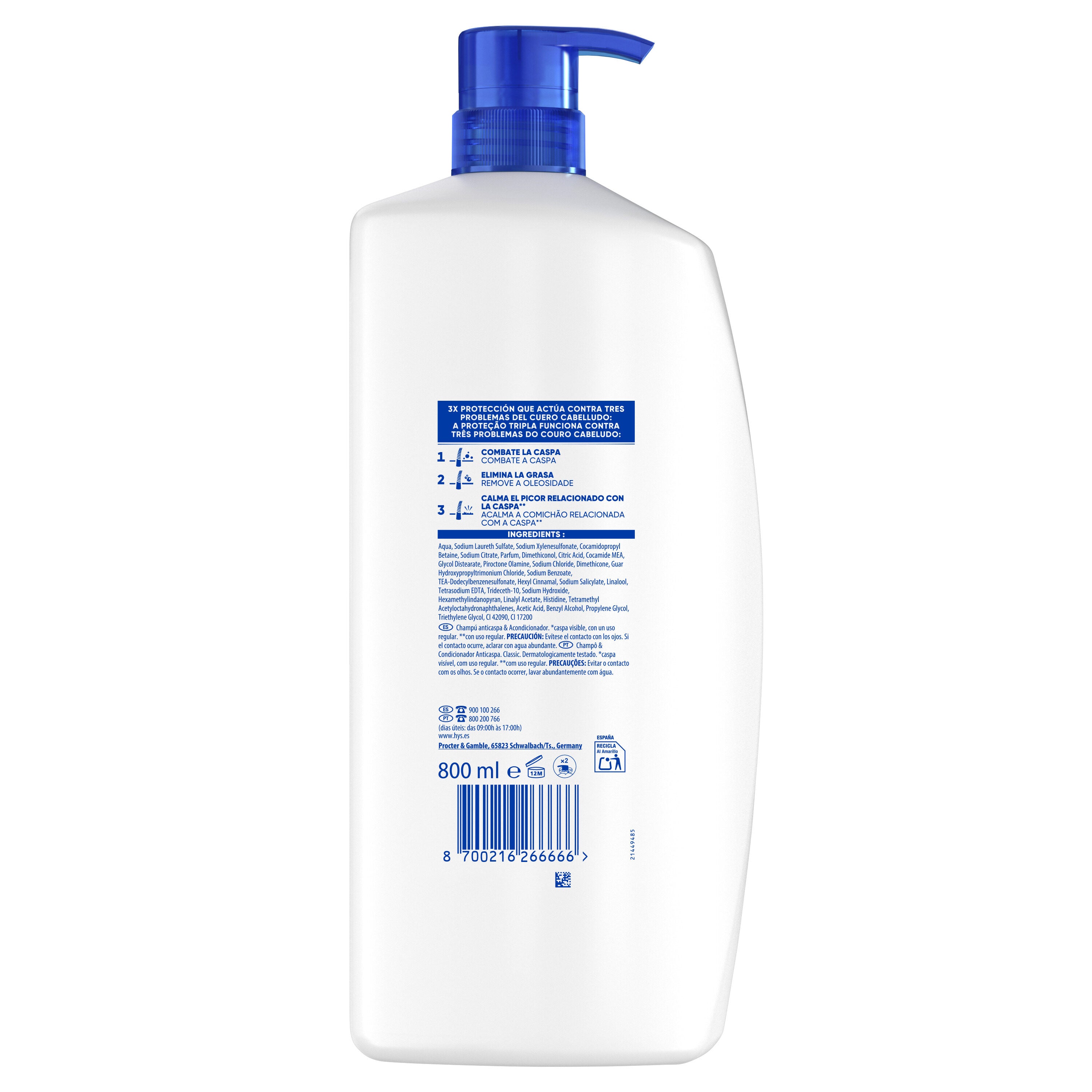 Champú anticaspa clasico 2 en 1 H&S 800ml
