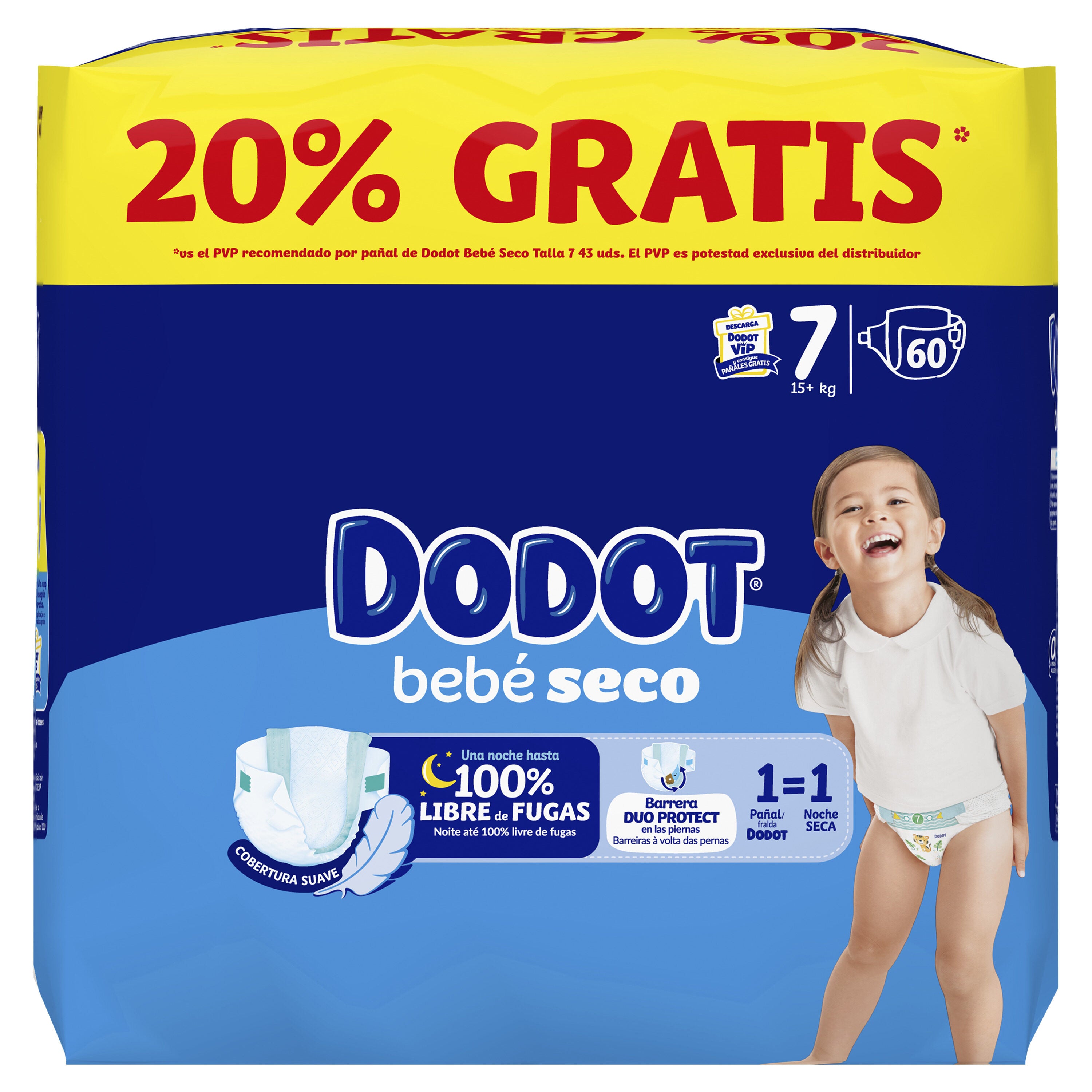 Pañales bebé seco t7 +15kg Dodot 60u