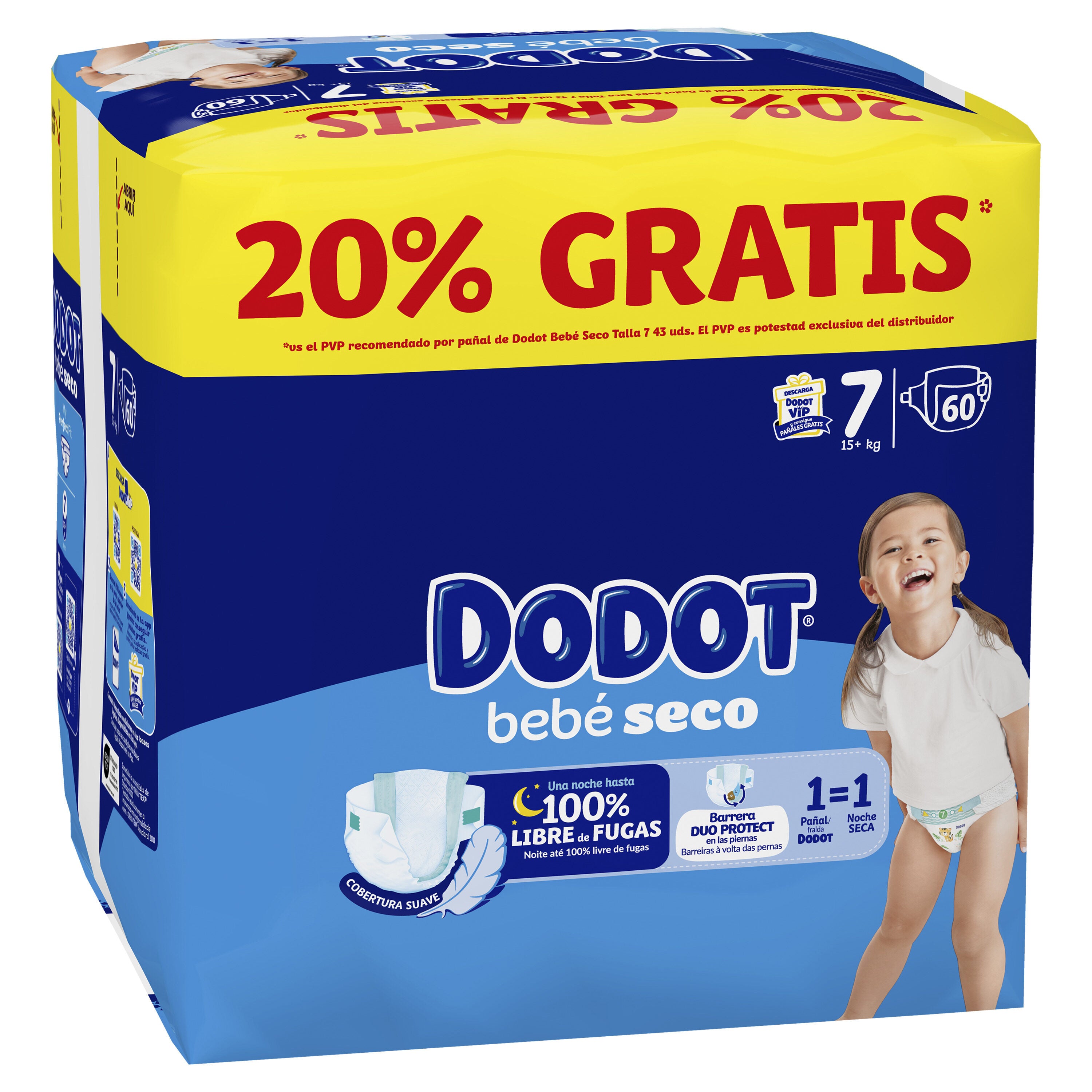 Pañales bebé seco t7 +15kg Dodot 60u