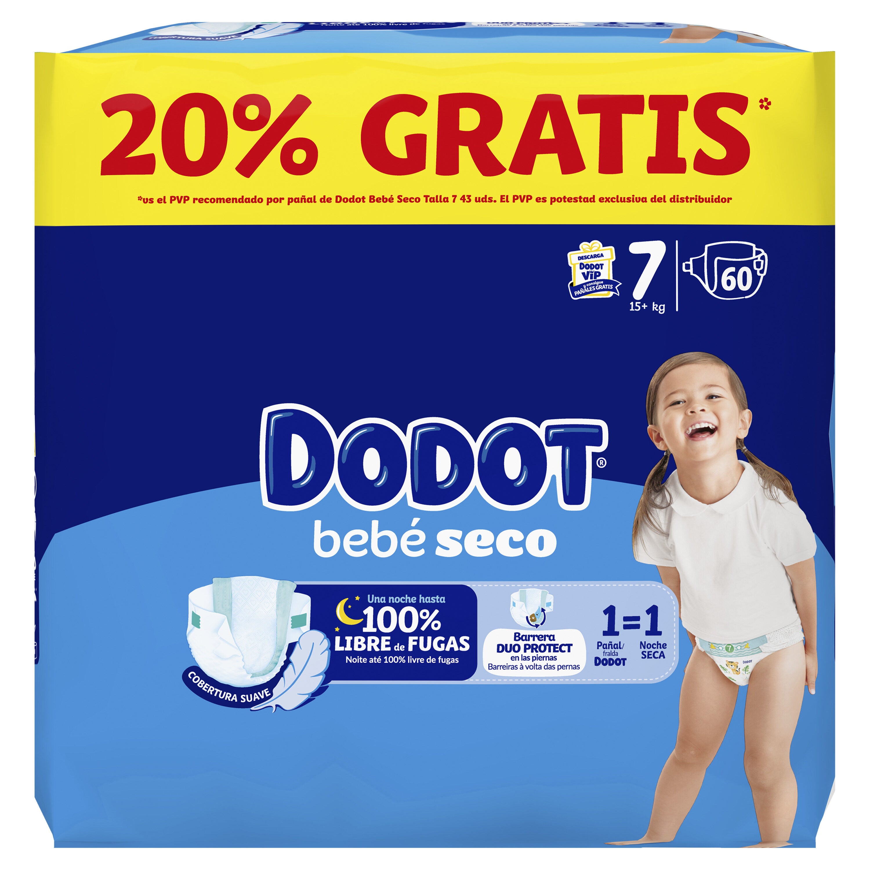 Pañales bebé seco t7 +15kg Dodot 60u
