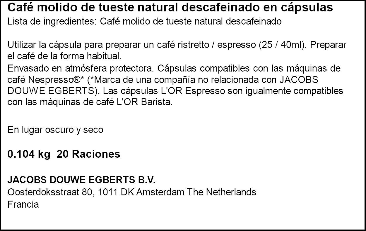 Café cápsula descafeinado ristetto L'or p20