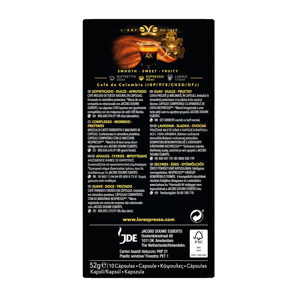 Café cápsula espresso colombia l'or p10 0.52g