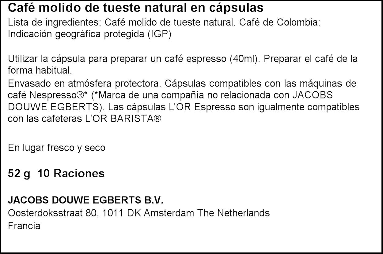 Café cápsula espresso colombia l'or p10 0.52g