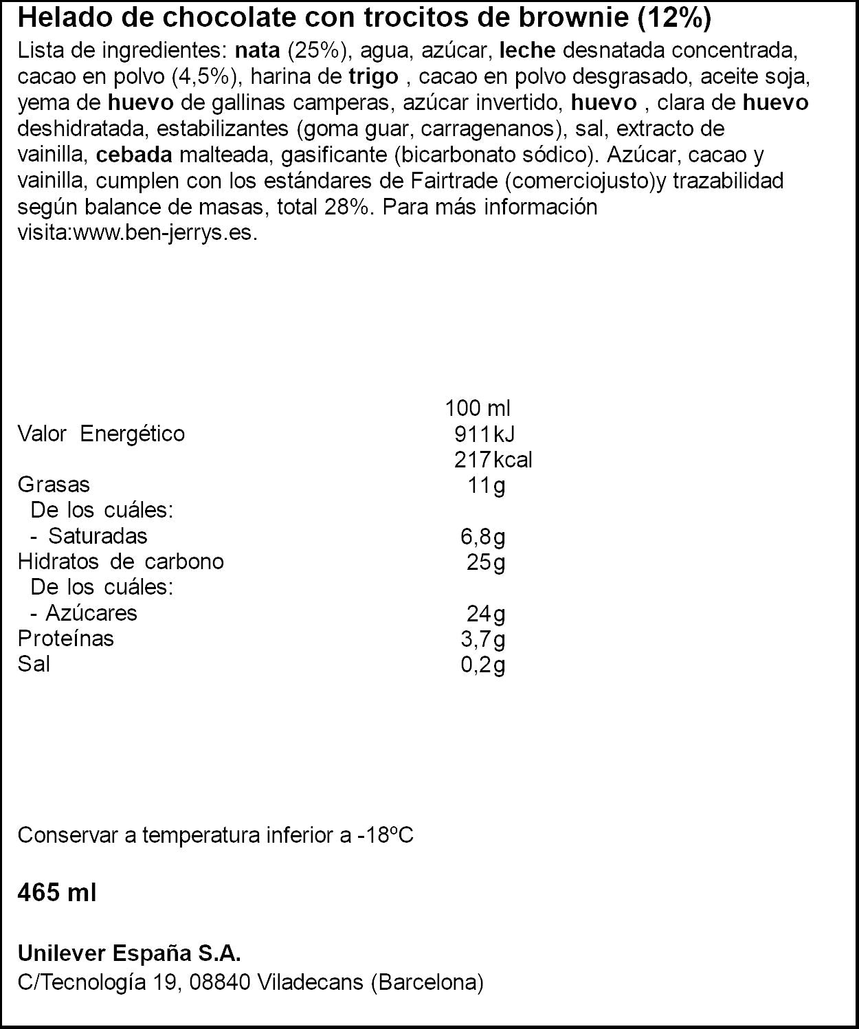 Tarrina dulce de chocolate Ben & jerry's 465ml