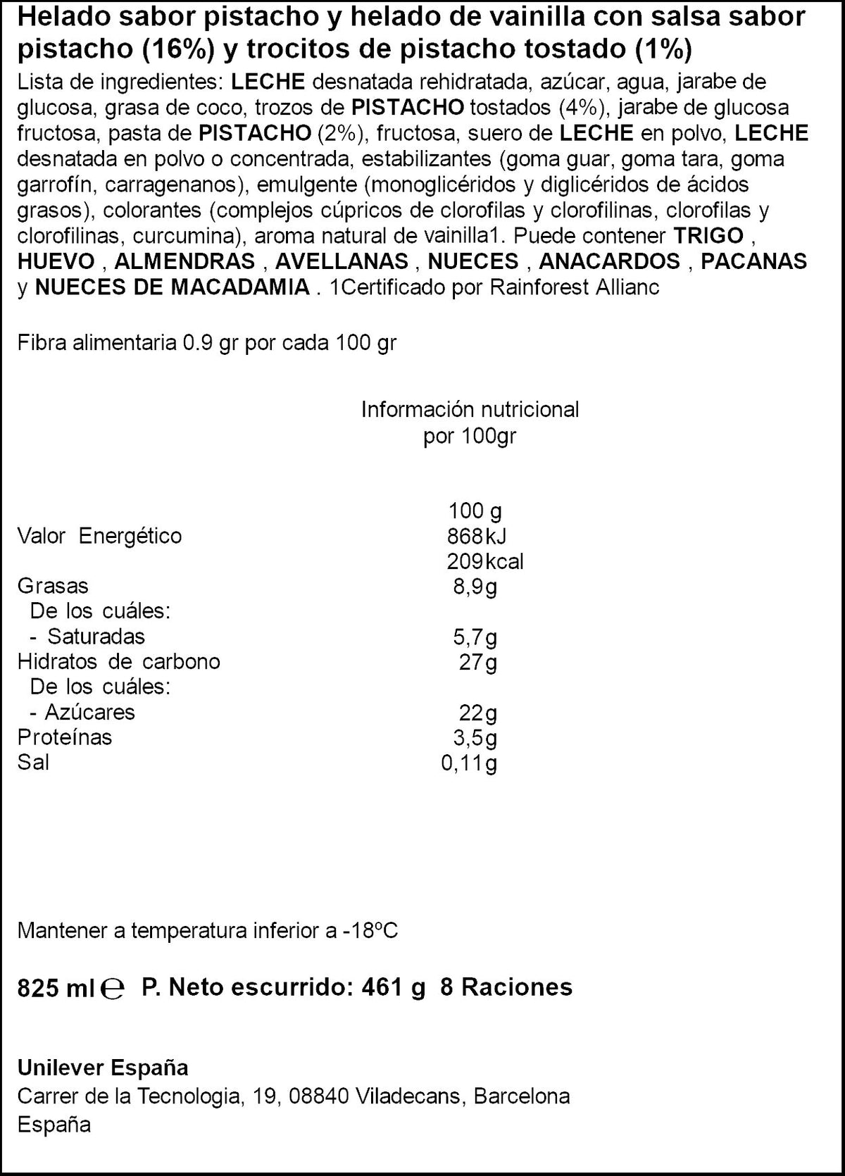 Tarrina pistacho Carte d'or 852ml