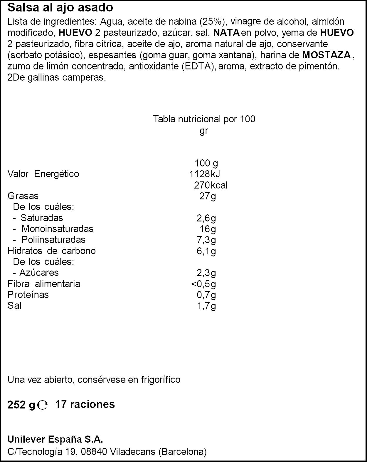 Mayonesa c/ajo Hellmans 250ml