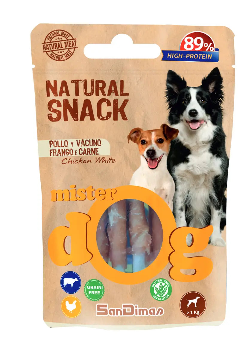 Snack perro pollo y vacuno chicken white Mister dog 60g