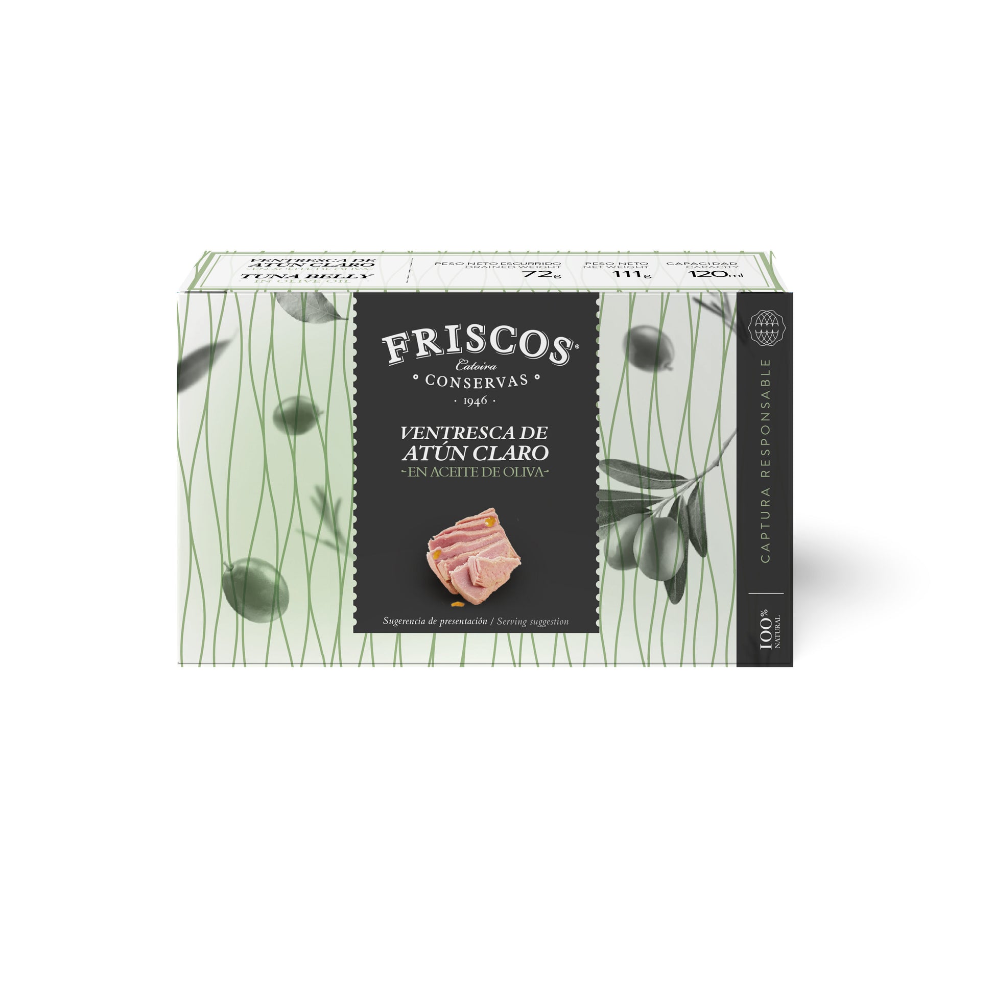 Ventresca atun claro aceite oliva lata Friscos 72g escurr