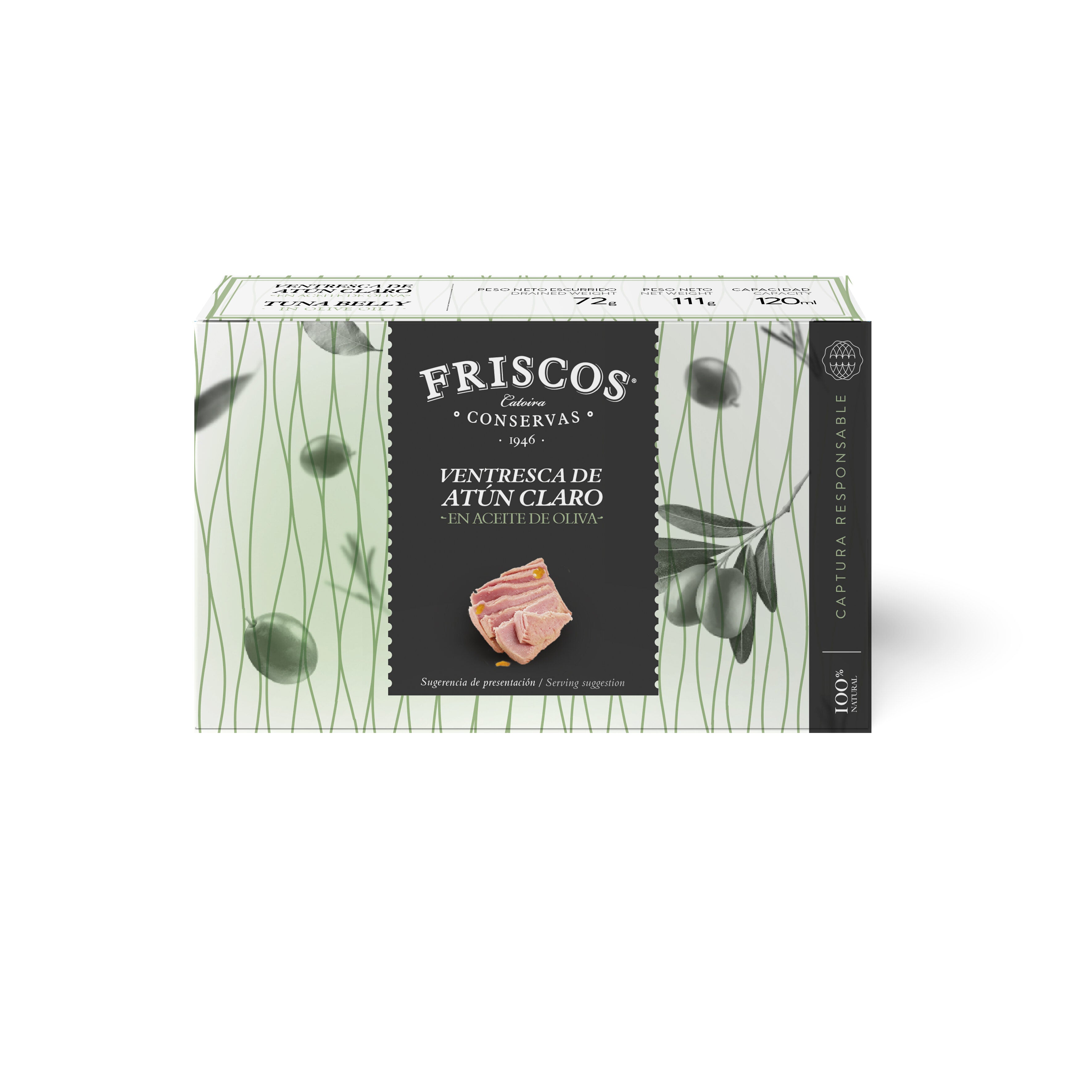 Ventresca atun claro aceite oliva lata Friscos 72g escurr