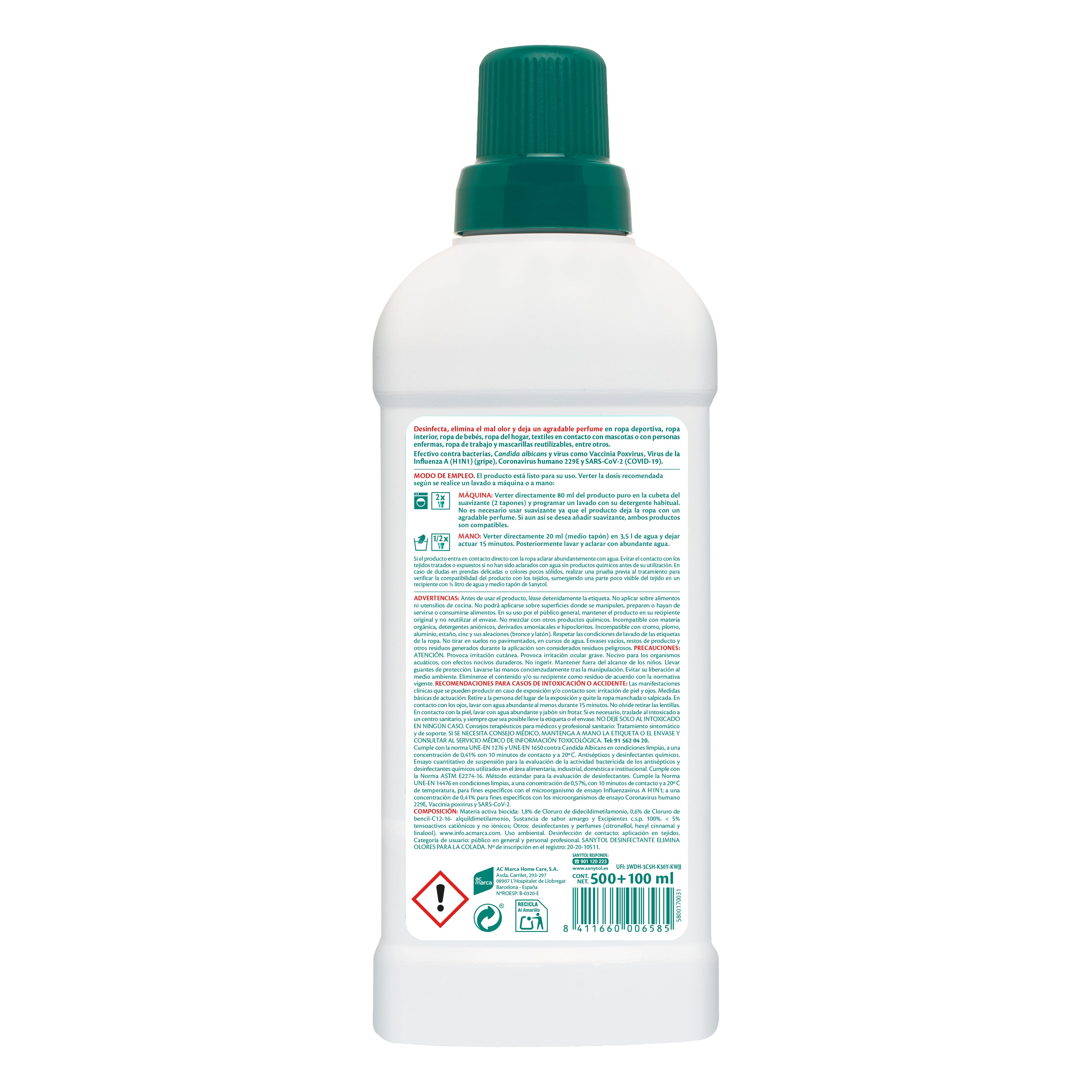 Suavizante concentrado desinfectante textil Sanytol 500ml