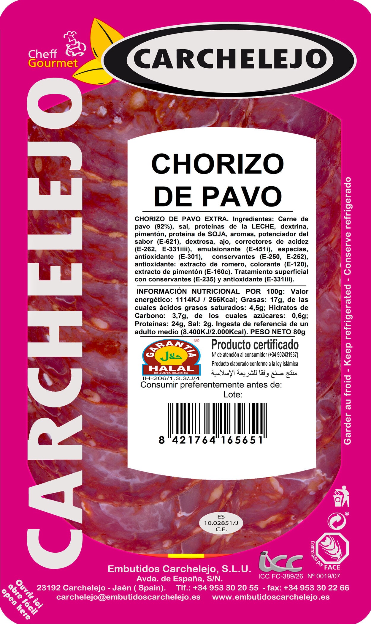 Chorizo vela pavo lonchas Carchalejo 80g