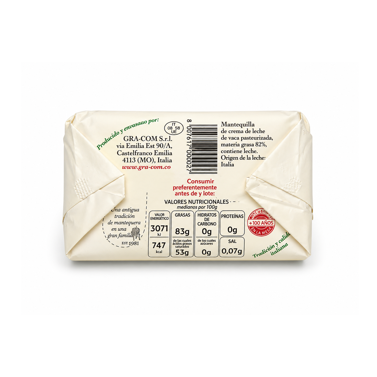 Mantequilla sin sal añadida Zanasi 250g